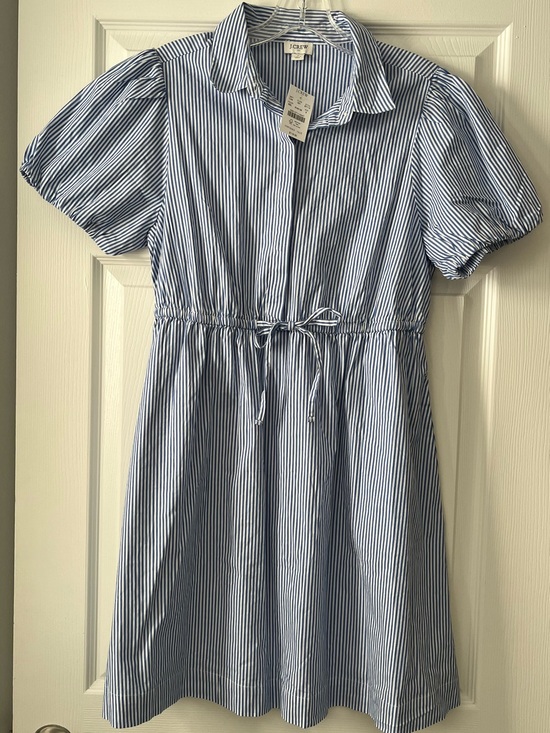 J. Crew Dresses & Skirts - J. Crew Blue and White Striped Puff-Sleeve Shirt Dress with Drawstring